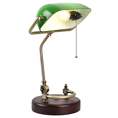 FREEDL Bankerlampe Grün mit verziertem Holzfuß, Retro Tischlampe mit Neigbarer Schirm, Grüne Schreibtischlampe Bibliotheksleuchte Antik Design Messing Nachttischlampe E27, Zugschalter,Grün von FREEDL
