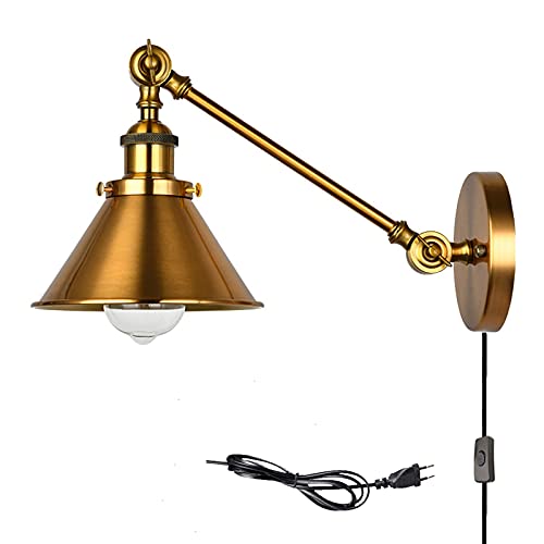 FREEDL Industrial Wandleuchte Gold LED mit Schalter, Verstellbare Wandlampe Innen Vintage mit Stecker, E27 Wandbeleuchtung Schlafzimmer Retro in Antikem Look, Flurleuchte Art Deco für wohnzimmer,A von FREEDL