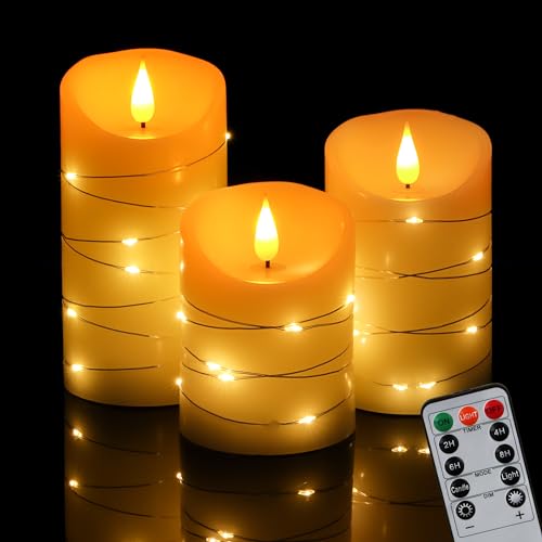 FREEPOWER 3er LED Kerzen Echtes Wachs mit Lichterkette, Flammenlose Kerzen mit Fernbedienung Timer Flackern Batteriebetrieben Stumpenkerzen Warmweiß, Ø7.5 x 10/12.5/15cm von FREEPOWER