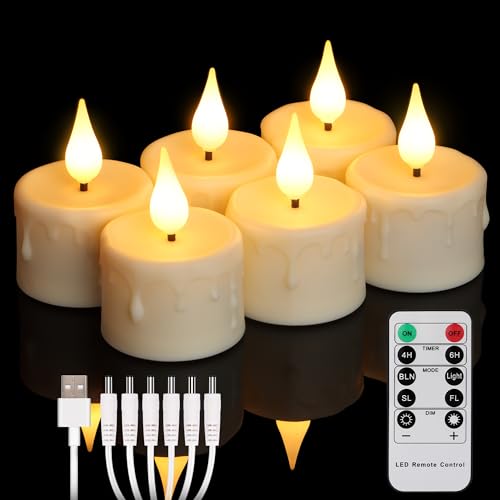 FREEPOWER 6er Aufladbare LED Teelichter mit Fernbedienung Timer Flackern Warmweiß Dimmbar Elektrische Wiederaufladbare Kerzen mit USB-Kabel, Halloween Weihnachten Familie Deko, Ø4x5.5cm von FREEPOWER