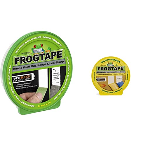FROGTAPE Abdeckband, 24 mm x 41,1 m & Frog Tape Maler-Kreppband für empfindliche Oberflächen, 36 mm x 41,1 m, Gelb Für Innenmalerei und Dekoration für scharfe Linien ohne Auslaufen von Farbe. von FROGTAPE