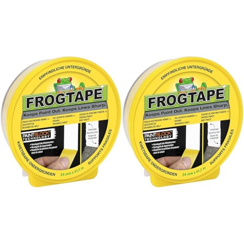 FROGTAPE Frog Tape 631-34 Delicate Abklebeband – Malerkreppband mit Paint-Block Technologie – Kreppband für saubere Kanten beim Streichen & Lackieren – 24mm x 41m, Gelb (Packung mit 2) von FROGTAPE