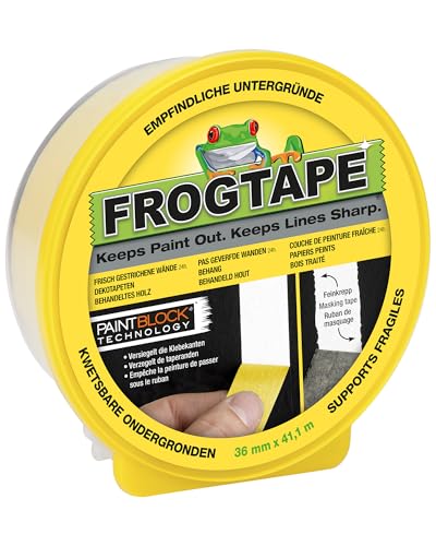 Frog Tape Maler-Kreppband für empfindliche Oberflächen, 36 mm x 41,1 m, Gelb Für Innenmalerei und Dekoration für scharfe Linien ohne Auslaufen von Farbe. von FROGTAPE