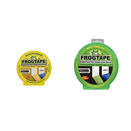 Frog Tape Maler-Kreppband für empfindliche Oberflächen, 36 mm x 41,1 m, Gelb Für Innenmalerei und Dekoration & Frog Tape Maler-Kreppband, 24 mm x 41,1 m, zum Aufhängen von FROGTAPE