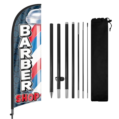 FSFLAG Barber Shop Federflagge mit Fahnenmast und Erdspieß, 2,6 m Friseurladen, windstillschweigendes Flaggenbanner für Geschäft für Außenwerbung von FSFLAG