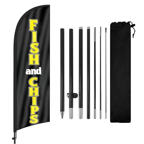 FSFLAG Fish and Chips Federflagge mit Fahnenmast-Set und Erdspieß, 2,5 m, windlose Flagge, Banner für Geschäft für Außenwerbung von FSFLAG