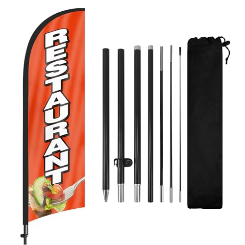 FSFLAG Restaurant-Federflagge mit Fahnenmast-Kit und Erdspieß, 2,5 m, Restaurant-Windstill, Banner, Schild, Geschäft für Außenwerbung von FSFLAG