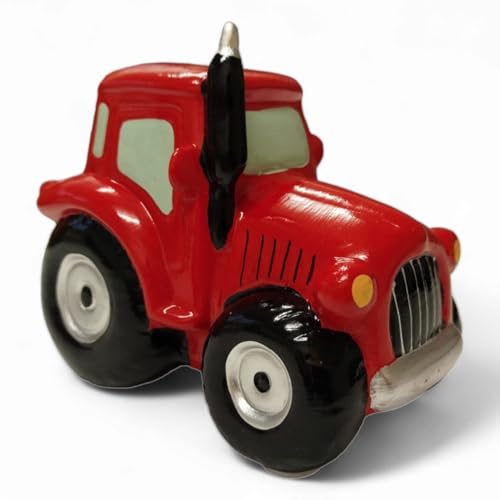 Spardose Traktor Sparschwein aus Keramik in Rot Kinderzimmer-Dekoration: Sparen mit Bauernhof-Design für Kindergeburtstag Farm-Münzen von FTWdesign