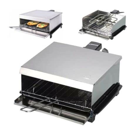 Retro Party Grill / 800W / Sandwich, Meat, fish Grill/Indoor/Quick Warming/Removable Grease tray/Stainless Steel Baking Rack/Chrome Body/Convenient Carrying Handles / 30cm Surface/FEPG-800 von FUEGO
