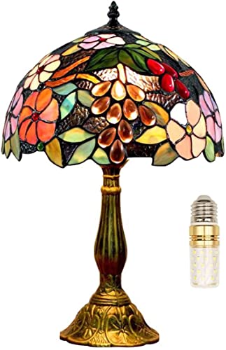 FUMAT Tiffany Lampe Nachttischlampe Retro 240V Kleine Tischlampe Rose Traube Bunte Glas 40cm Lampenschirm Schlafzimmer Deko Schlafzimmer Tischlampen Nachtlampe Tischleuchte Mit E27 LED Birne von FUMAT