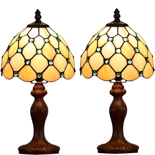 FUMAT Tiffany Tischlampe, Retro Deko Lampe Tischleuchte Nachttischlampe, Bunte Glas Lampenschirm, Mit E27 LED Glühbirne, für Schlafzimmer Wohnzimmer (2 Stück White Perle) von FUMAT