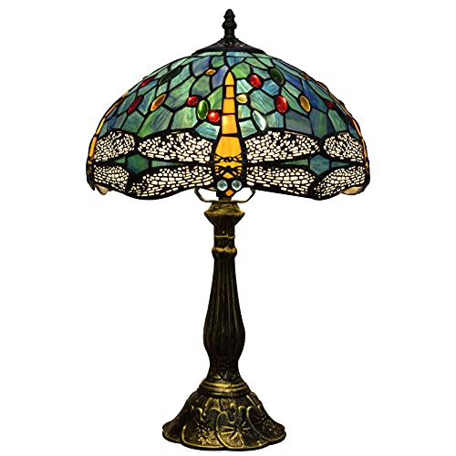 FUMAT Tiffany Tischlampe, Retro Deko Lampe Tischleuchte Nachttischlampe, Glas Lampenschirm, Mit E27 LED Glühbirne, für Schlafzimmer Wohnzimmer Büro, Libelle Muster, Grün von FUMAT