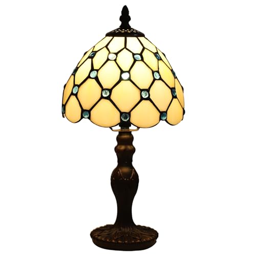 FUMAT Tiffany Tischlampe, Retro Deko Lampe Tischleuchte Nachttischlampe, Bunte Glas Lampenschirm, Mit E27 LED Glühbirne, für Schlafzimmer Wohnzimmer (1 Stück White Perle) von FUMAT