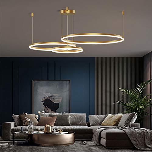 FUMIMID LED Pendellampe Wohnzimmerlampe Pendelleuchte Dimmbar Mit Fernbedienung Kronleuchter Moderne Esstischlampe Aluminium Runde Acryl Beleuchtung Deckenleuchte,Gold,3laps30+50+70cm von FUMIMID