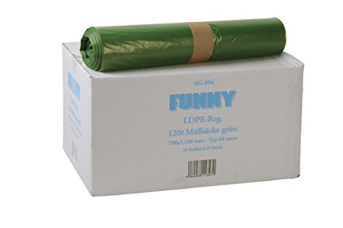 Funny LDPE-Regenerat Müllsäcke, grün, gerollt, 120 l, Typ 60 extra, 1er Pack (1 x 250 Stück) von Funny