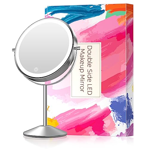 Wiederaufladbarer Kosmetikspiegel mit Beleuchtung, Doppelseitiger Schminkspiegel mit 1X/10X Vergrößerung, 3 Farben Beleuchtung, 360°Drehung Touch Dimmbarer Makeup Spiegel für Gesichtspflege Rasieren von FUNTOUCH