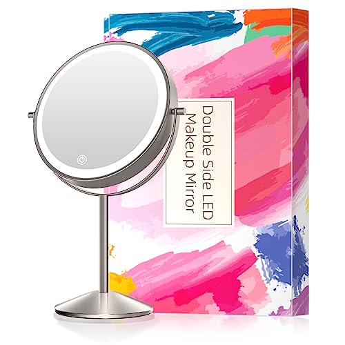 Wiederaufladbarer Kosmetikspiegel mit Beleuchtung, Doppelseitiger Schminkspiegel mit 1X/10X Vergrößerung, 3 Farben Beleuchtung, Dimmbarer und Touchschalter, 360°Drehung, USB Aufladen Makeup Spiegel von FUNTOUCH