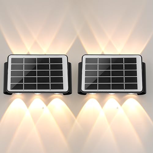 FUPE 2 Stück Solar Wandleuchte Aussen Up and Down Leuchten Solarleuchte für Außen Led Beleuchtung Wasserdichte Wandleuchte Wand kabellos Wasserdichte Beleuchtung Geeignet für Außenszenen(6 heads) von FUPE