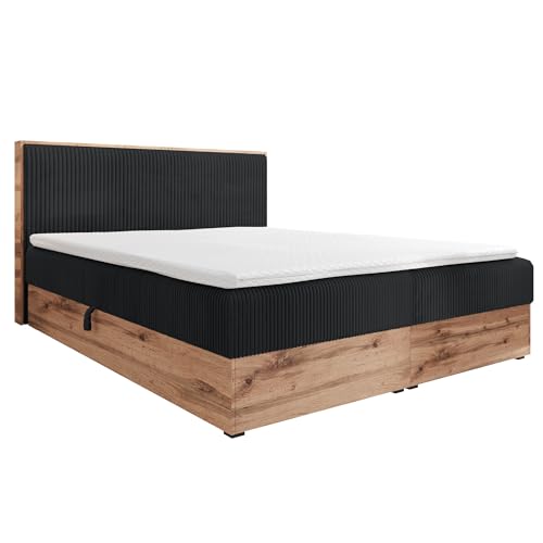 FURNISTAR Boxspringbett TILIA Doppelbett mit Bonellmatratze Bett mit Topper und Bettkasten Cord Stoff Polsterbett mit Kopfteil Modern Schlaffzimmer Wotan Plattet (160x200 Schwarz) von FURNISTAR