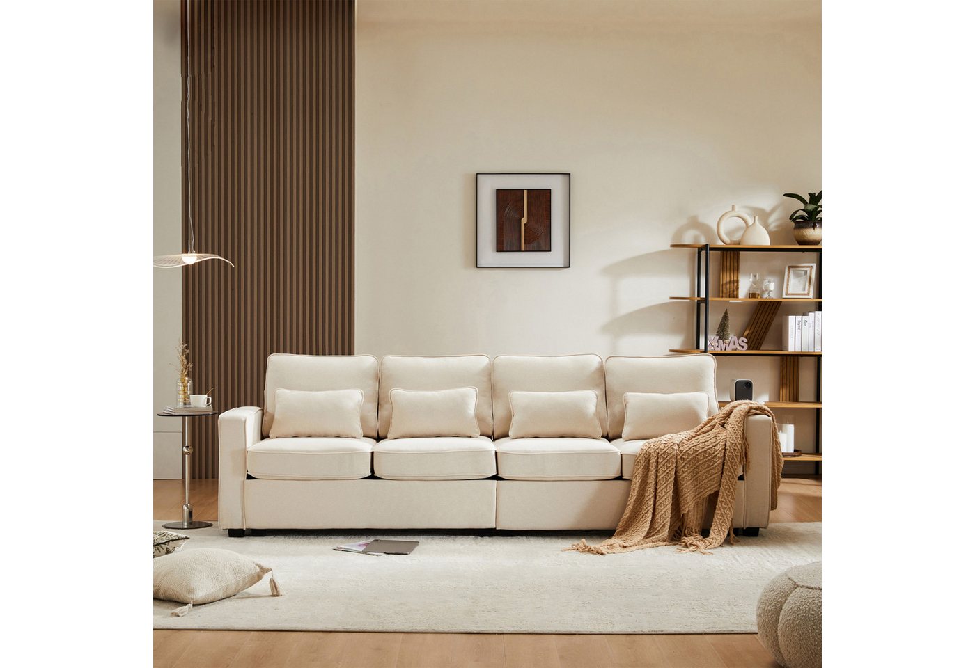FUROKOY Sofa Modernes 4-Sitzer-Sofa aus Leinenstoff mit Armlehnentaschen&4 Kissen, Einfachen Stil Sofa für Wohnzimmer, Wohnung, Büro, Beige von FUROKOY