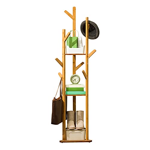 FUROMG 165cm Bambus Kleiderständer Bambus Garderobenständer Kleidderstange Regal mit Haken und Regalen Natürliche Farbe von FUROMG