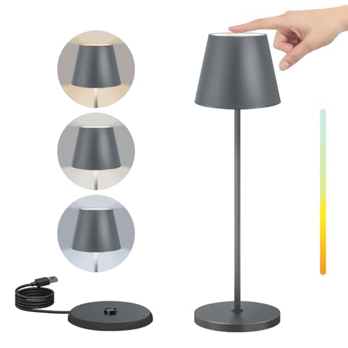 FUYO LED Dimmbare Akku Tischlampe Kabellose, Indoor & Outdoor Wiederaufladbar Warme Lichtfarbe 3000K-6000K Tischleuchte, Aluminium, Wasserdichte IP54 für Innen Außen Esstisch Garten Hotel (Grau) von FUYO