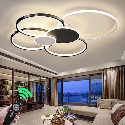 FWX Moderne LED Deckenleuchte Großes Wohnzimmer Dimmbare Deckenlampe Mit Fernbedienung Deckenlicht Runde Ringe Kreatives Design Metall Acryl Beleuchtung Esszimmer Schlafzimmer Dekoration Pendelleuchte von FWX