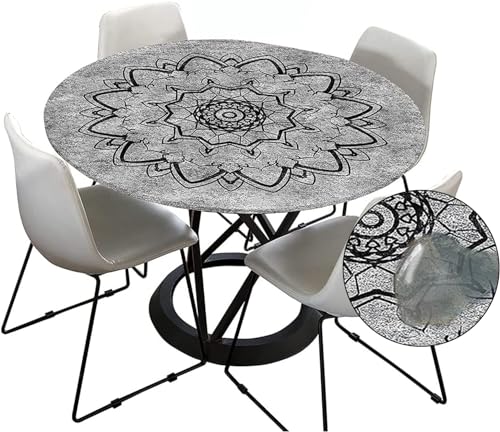 Tischdecke Outdoor Rund 120 cm, Elastisch Rund Abwaschbar Tischdecken Wasserabweisend Lotuseffekt Garten Tischdecke Grau Mandala Table Cloth (Ideal für 80cm-90cm,Anthrazit) von FZKun