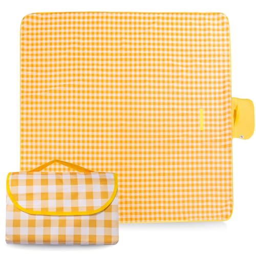 Picknickdecke, Picnic Blanket Wasserdicht, Campingdecke mit Tragegriff Faltbare, Camping Teppich Outdoor, Picknick Decke Geeignet für 4-6 Personen im Park, Garten, Rasen, Strand (Gelb, 200*200cm) von FZQBEY