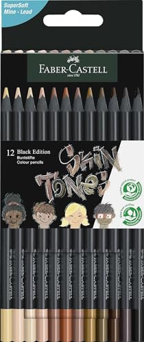 Faber-Castell 116414 - Buntstifte hautfarben Black Edition, 12er Kartonetui, bruchsicher, dreikant, Skin Tones von Faber-Castell