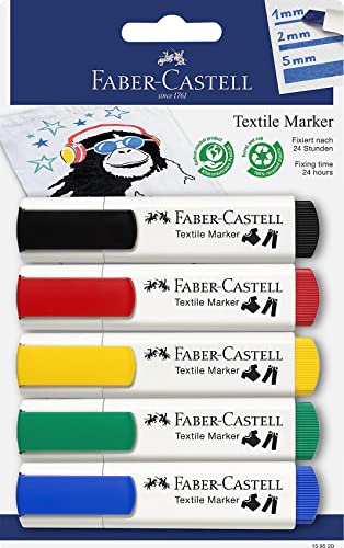 Faber-Castell 159520 - Textilmarker in Standardfarben, geeignet für helle Stoffe, 5er Packung, ideal für Babypartys, Kindergeburtstage, Junggesellenabschiede von Faber-Castell