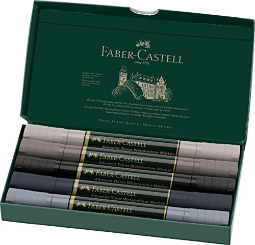 Faber-Castell 160306 - Aquarellmarker Albrecht Dürer mit Doppelspitze für flächigen und präzisen Farbauftrag, 5er Etui, Grautöne, grau von Faber-Castell