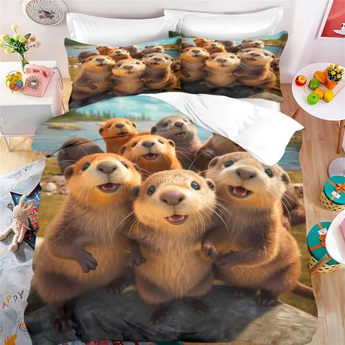 Fadaing Otter Bettwäsche 135x200 Süßes Tier Otter Bettbezug Für Kinder Seeotter Weiche Mikrofaser Bettwäsche Set Mit Reißverschluss Und 2 Kissenbezügen (2,Single 135 X 200 cm) von Fadaing