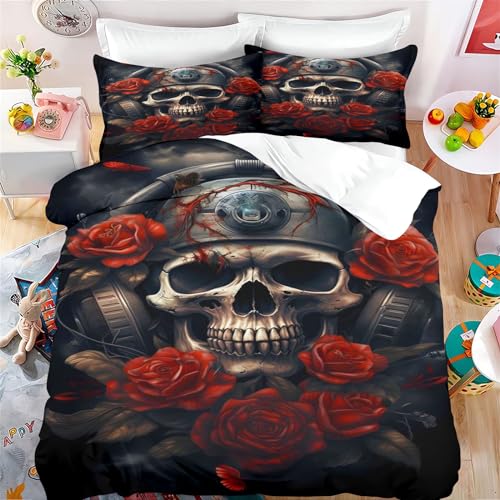 Fadaing Totenkopf Bettwäsche 135x200cm Halloween Schädel Rosen Muster Gothic Bettbezug Set 2 Teilig Weiche Microfaser Bettbezug Und 2 Kissenbezug Mit Reißverschluss (5,Single 140 X 210 cm) von Fadaing