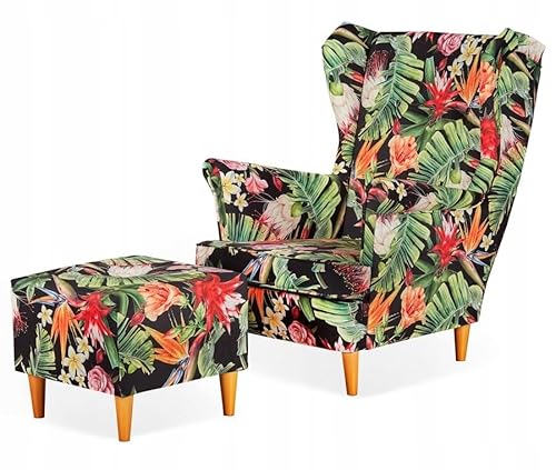 Mehrfarbiger Uszak-Sessel | Traditionelles klassisches Design | Moderner Druck | Bequemer Sessel mit Fußstütze | Für jedes Interieur geeignet | Hochwertige Oberflächen | Universeller Stil von Family Meble