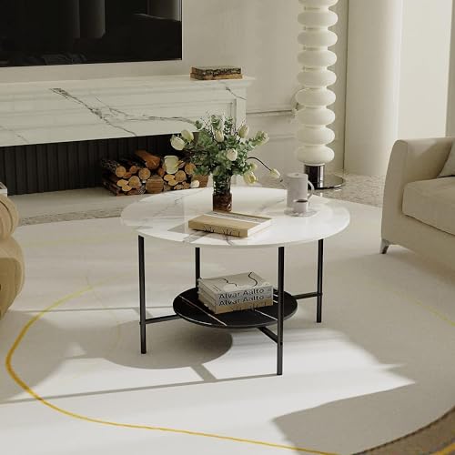 FATIVO Couchtisch Marmor Weiß Rund: Beistelltisch Sofatisch mit 2-Ablagen - Wohnzimmertisch mit Schwarz Metallrahmen, für Wohnzimmer 80×47.5cm von FATIVO