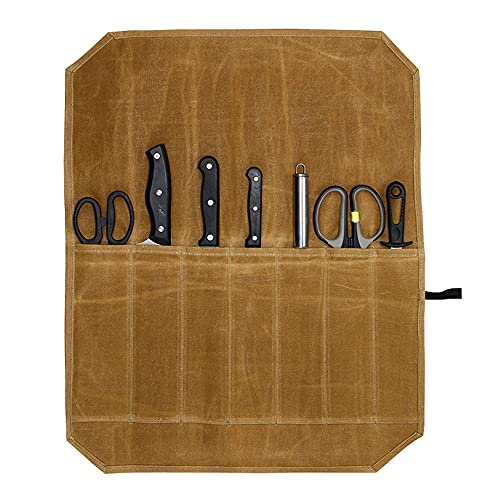 Aufbewahrungstasche für Messer und Rollen, gewachstes Segeltuch für Kochmesser, Kochmesser und Utensilien, Wickeltasche, 7 Taschen, tragbare Schutztasche für Küchenutensilien (Khaki) von Fatiya