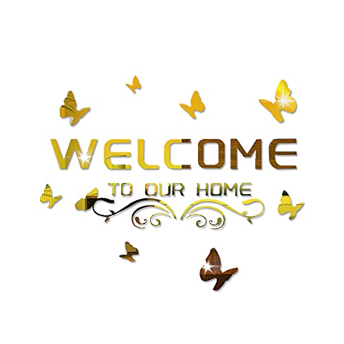 Welcome to Our Home Acryl-Spiegel-Wandaufkleber, Buchstaben mit Schmetterling und Weinrebe, abnehmbare Spiegel-Wandaufkleber, Kunst Wandbilder für Wohnzimmer, Tür, Veranda-Dekoration (Gold) von Fatiya