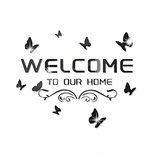 Welcome to Our Home Acryl-Spiegel-Wandaufkleber, Buchstaben mit Schmetterling und Weinrebe, abnehmbare Spiegel-Wandaufkleber, Kunst Wandbilder für Wohnzimmer, Tür, Veranda-Dekoration (schwarz) von Fatiya