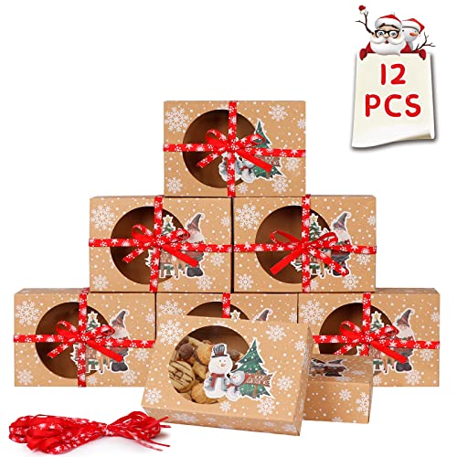 Fayavoo 12 Stück Geschenkboxen Weihnachten Plätzchenboxen mit Transparentem Fenster und Etiketten, Große Weihnachtsboxen Keksdose Cupcake Boxen Kraftpapier Plätzchendose Keksschachtel von Fayavoo