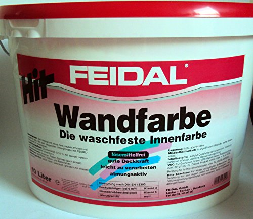 Feidal Hit Wandfarbe u. Deckenfarbe , die waschfeste Innenwandfarbe, lösemittelfrei ,Weiss, matt / 10 Liter / geruchsarm, diffusionsfähig, leicht zu verarbeiten, gut deckend, schnelle Trocknung, lösemittelfrei, weichmacherfrei / nach DIN EN 13300 / gut Deckkraft / leichte Verarbeitung / Verbrauch: 10 L reichen für ca. 60 m² von Feidal GmbH