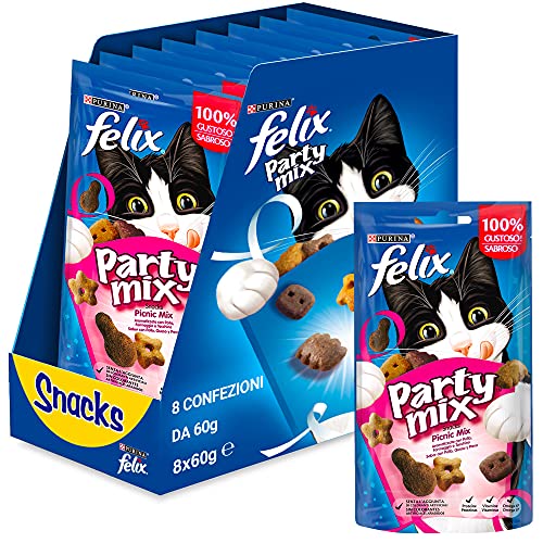 Purina Felix Party Mix Katzensnack Picknick Mix mit Huhn, Käse und Truthahn, 8 x 60 g von Felix