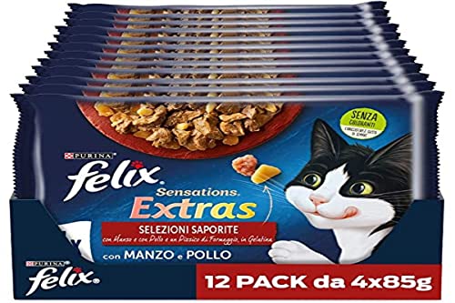 Purina Felix Sensations Extras Feuchtigkeitsfutter für Katzen mit Rind und Einer Prise Käse und einem Huhn und Einer Prise Bacon, 48 Beutel à 85 g von Felix