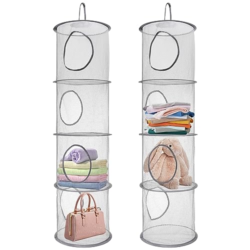 2 Stück Set Hängeregal Mesh Hängende Netz-Aufbewahrungstasche, 4 Stufe Faltbare Hängeaufbewahrung Organizer, Hängender Speicherkorb Kinder, Kuscheltiere Hängeregal für Kleine Kleidung(Grau) von Fentar