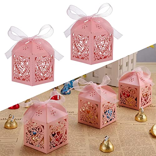 50 Stück Geschenkbox Hochzeit, Geschnitzte Hollow Gastgeschenk Box Klein, Geschenkbox Gastgeschenk Rosa Für Hochzeit Süßigkeiten Schokolade, Geschenkbox mit Farbband für Hochzeit Party Taufe (5x5x7cm) von Fentar