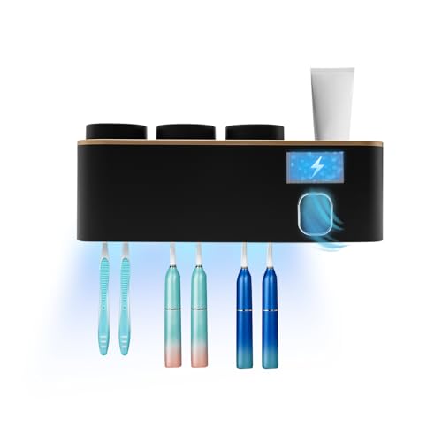 Automatischer Zahnpastaspender, UV Zahnbürstenhalter, Elektrischer Wandmontierter Zahnbürstenhalter mit 3X Becher,Kosmetik/Badezimmer Aufbewahrungsorganizer,USB (SchwarzGold) von Fermoirper