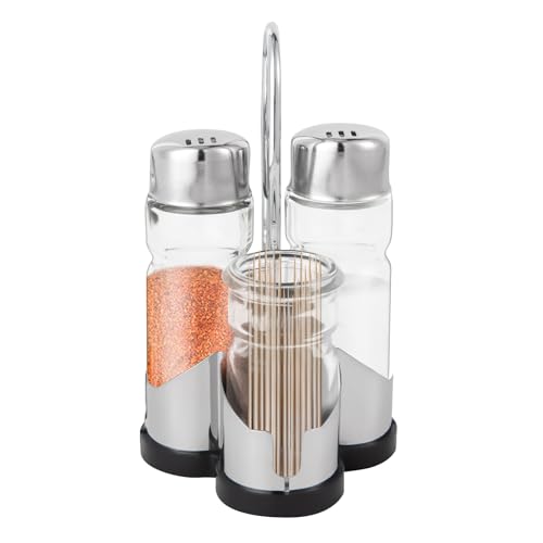 Salz- und Pfefferstreuer aus Glas, 2 und 1 x Zahnstocher-Schale, Gewürzgläser mit Ständer (silberfarben + transparent) von Fermoirper