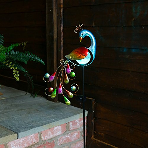 Festive Lights solarbetriebene Garten Leuchte im Pfau-Design, aus mehrfarbigen Metall und Echt-Glas gefertigt, mit farbwechselnder LED von Festive Lights
