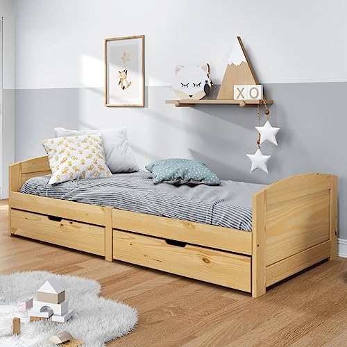 Festnight Bett 90x200 Mit Schubladen Tagesbett Mit 2 Stauraum Gästebett Betten Mit Schubladen Einzelbetten Mit Stauraum Funktionsbett Massivholz Kiefer Latten-Design Zusätzlicher Stauraum von Festnight