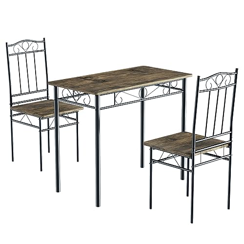 FetiNes Esszimmer-Set mit Esstisch und 2 Stühlen, Essgruppe 3-teilig,Küchentisch-Set, Holztisch für Esszimmer, Küche, Wohnzimmer, Schwarze Metallbeine, dunkler Holzmaserung von FetiNes